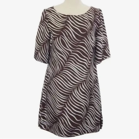 ELIZABETH MCKAY CHOCOLATE & IVORY FEATHER LINDSAY TUNIC DRESS SIZE 4 5054 - Picture 3 of 8